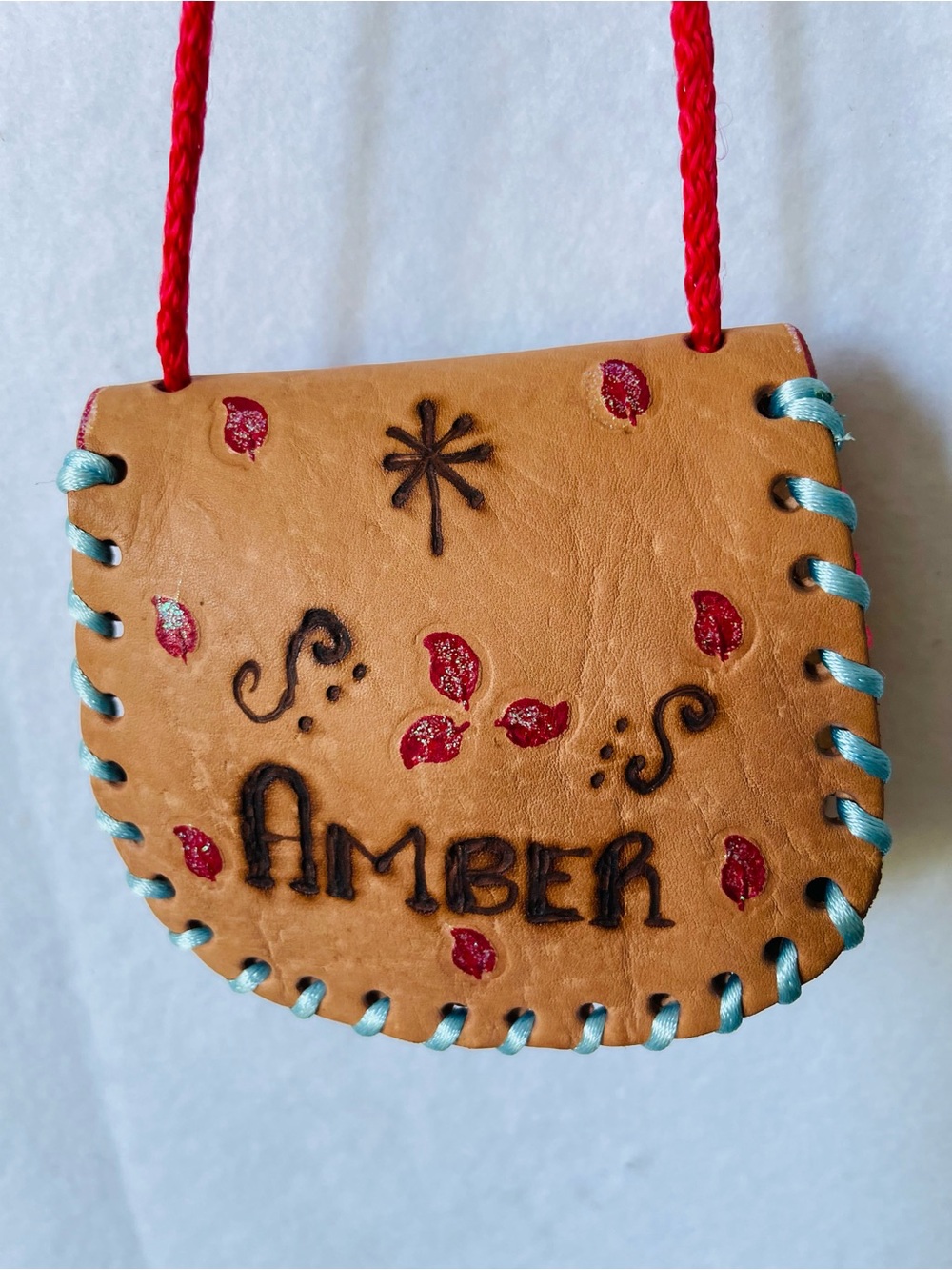 Kids Tan Leather Crossbody Bag with Red and Blue Accents